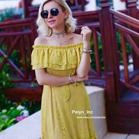 Zara Yellow Off The Shoulders Lace Dress- Size Small - Picture 8 of 16